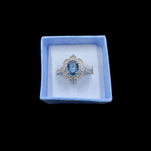 Blue Gemstone Halo Ring Retro Silver Tone Elegant Cocktail Jewelry Romantic Glam - Picture 5 of 5